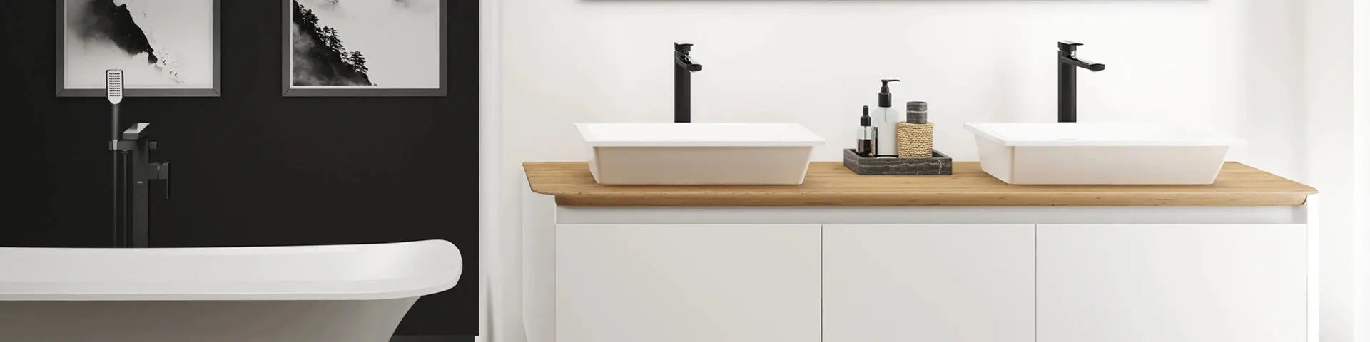 A bathroom featuring a sink, a bathtub, and a mirror, showcasing a clean and modern design of Kalia.