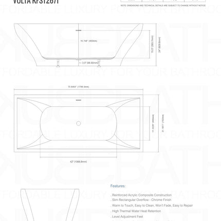 Kube Bath Volta 71" Free Standing Bathtub White Kube Bath