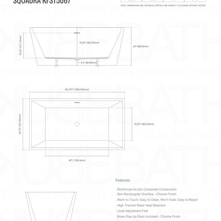 Kube Bath Squadra 67″ Free Standing Bathtub White Kube Bath