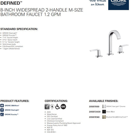 Grohe Defined 8" Widespread 2 Handle M-size Bathroom Faucet 4.5 L/min (1.2 GPM) - Brushed Nickel Grohe