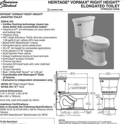 American Standard Heritage VorMax Two-Piece 1.28 gpf/4.8 Lpf Chair Height Elongated Toilet less Seat American Standard