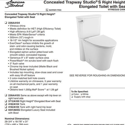 American Standard Studio S Skirted Two-Piece 1.28 gpf/4.8 Lpf Chair Height Elongated Toilet With Seat American Standard