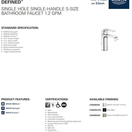 Grohe Defined Single Hole Single-handle S-Size Bathroom Faucet 4.5 L/min (1.2 GPM) Grohe