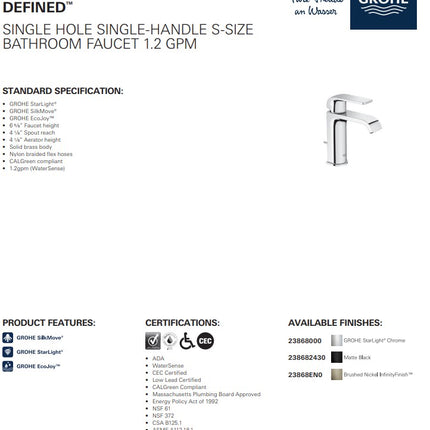 Grohe Defined Single Hole Single Handle S-size Bathroom Faucet 4.5 L/min (1.2 GPM) - Brushed Nickel Grohe