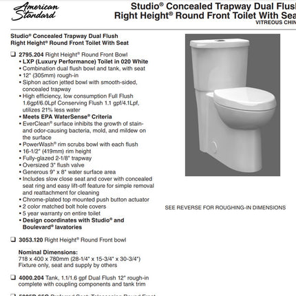 American Standard Studio™ Skirted Two-Piece Dual Flush 1.6 gpf/6.0 Lpf and 1.1 gpf/4.2 Lpf Chair Height Round Front Toilet With Seat American Standard