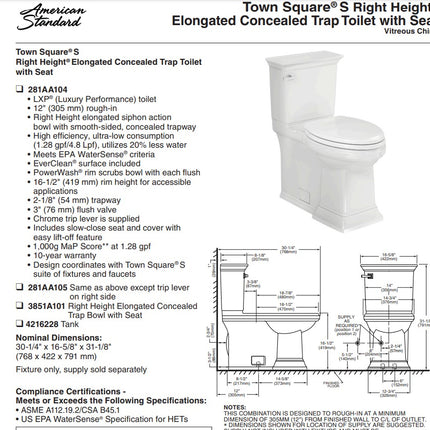 American Standard Town Square S Skirted Two-Piece 1.28 gpf/4.8 Lpf Chair Height Elongated Toilet With Seat American Standard