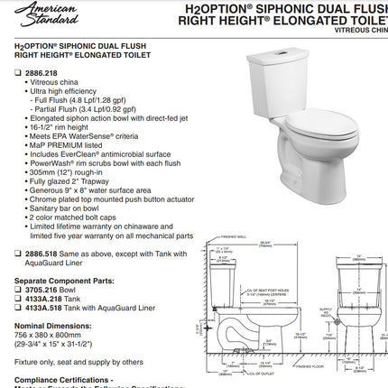 American Standard H2Option Two-Piece Dual Flush 1.28 gpf/4.8 Lpf and 0.92 gpf/3.5 Lpf Chair Height Elongated Toilet Less Seat American Standard