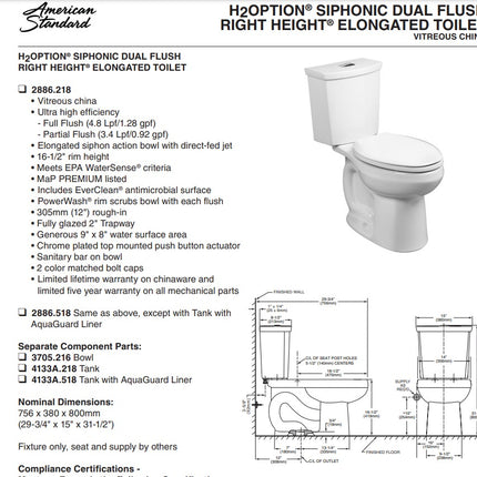 American Standard H2Option Two Piece Dual Flush 1.28 gpf/4.8 Lpf and 0.92 gpf/3.5 Lpf Chair Height Elongated Toilet With Liner Less Seat American Standard