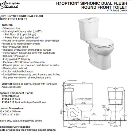 American Standard H2Option Two-Piece Dual Flush 1.28 gpf/4.8 Lpf and 0.92 gpf/3.5 Lpf Standard Height Round Front Toilet With Liner Less Seat American Standard