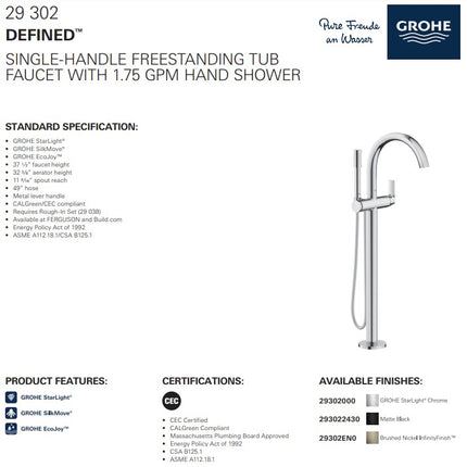 Grohe Defined Single Handle Freestanding Tub Faucet With 6.6 L/min (1.75 GPM) Hand Shower Grohe