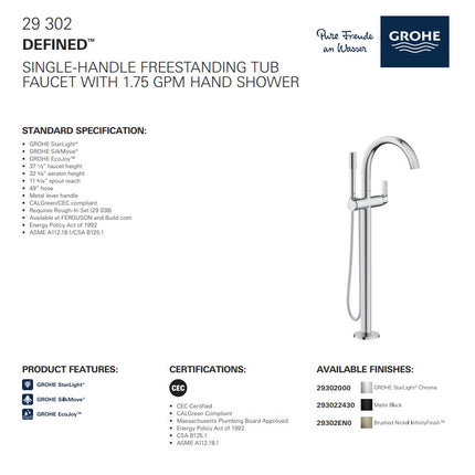 Grohe Defined Single Handle Freestanding Tub Faucet With 6.6 L/min (1.75 GPM) Hand Shower Grohe