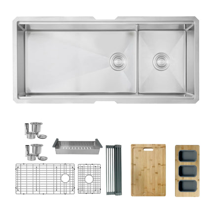 STYLISH 42 inch Workstation 70/30 Double Bowl Undermount Kitchen Sink with Built in Accessories S-642W - Plumbing Market