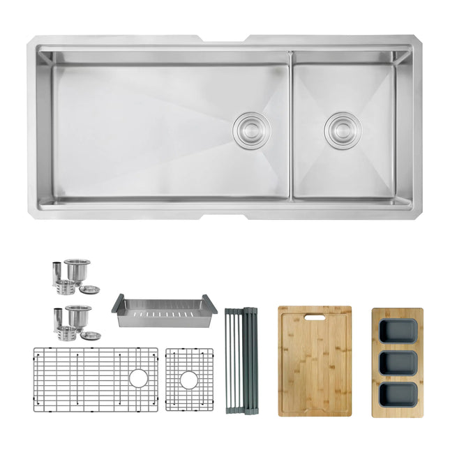 STYLISH 42 inch Workstation 70/30 Double Bowl Undermount Kitchen Sink with Built in Accessories S-642W - Plumbing Market