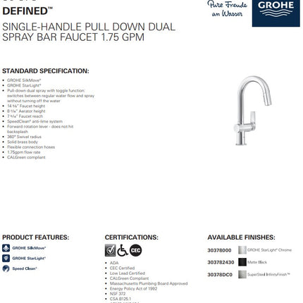 Grohe Defined Single Handle Pull Down Dual Spray Bar Faucet 6.6 L/min (1.75 GPM) Grohe