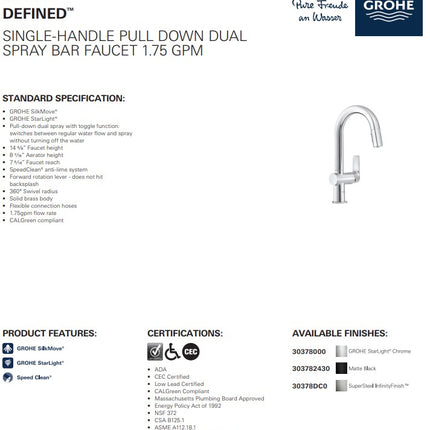 Grohe Defined Single Handle Pull Down Dual Spray Bar Faucet 6.6 L/min (1.75 GPM) Super Steel Infinity Finish Grohe