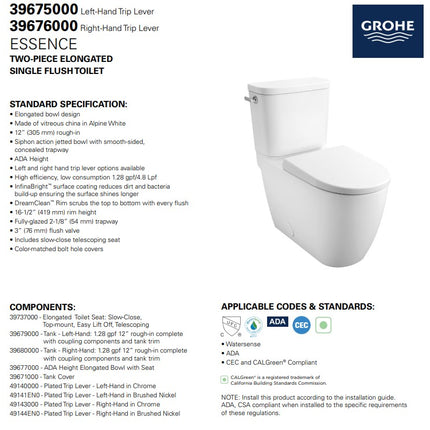 Grohe 2-piece 4.8 Lpf (1.28 Gpf) Right-hand Trip Lever Right Height Elongated Toilet Grohe