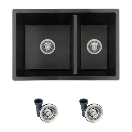 STYLISH 27 inch Dual Mount 60/40 Double Bowl Black Composite Granite Kitchen Sink with Strainer S-827N - Plumbing Market