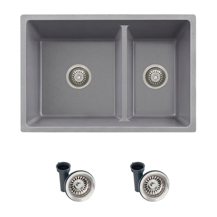 STYLISH 27 inch Dual Mount 60/40 Double Bowl Gray Composite Granite Kitchen Sink with Strainer S-827L - Plumbing Market