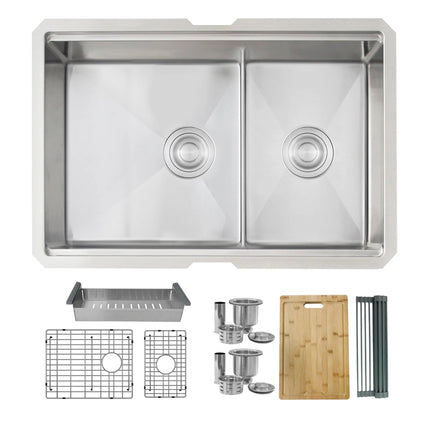 STYLISH 28 inch Workstation 60/40 Double Bowl Undermount Kitchen Sink with Built in Accessories S-628W - Plumbing Market