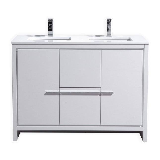 KubeBath Dolce 48″ Double Sink High Gloss White Modern Bathroom Vanity With Quartz Countertop Kube Bath