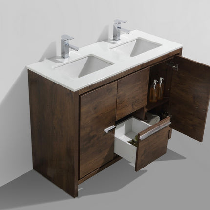 KubeBath Dolce 48″ Double Sink Rose Wood Modern Bathroom Vanity With Quartz Countertop Kube Bath