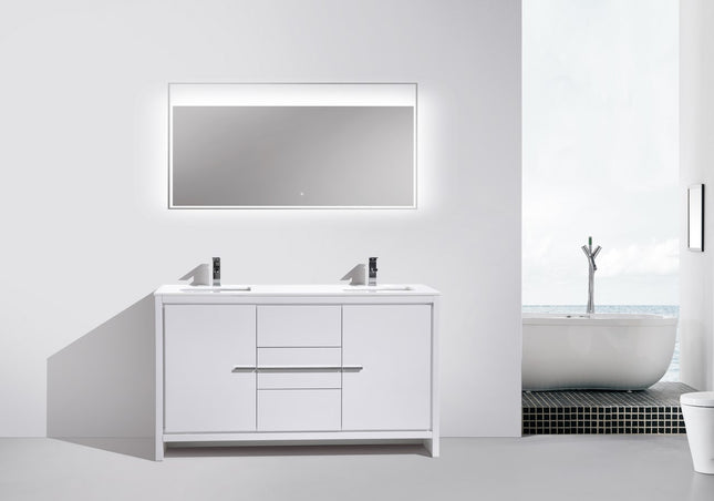 KubeBath Dolce 60″ Double Sink High Gloss White Modern Bathroom Vanity With Quartz Countertop Kube Bath