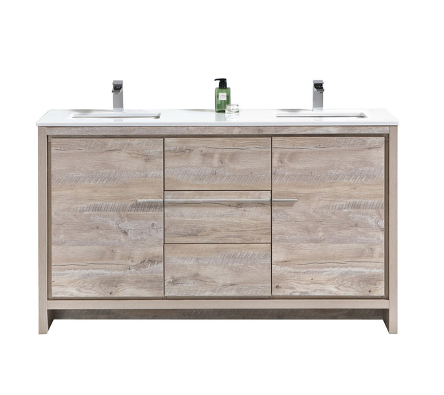 KubeBath Dolce 60″ Double Sink Nature Wood Modern Bathroom Vanity With Quartz Countertop Kube Bath