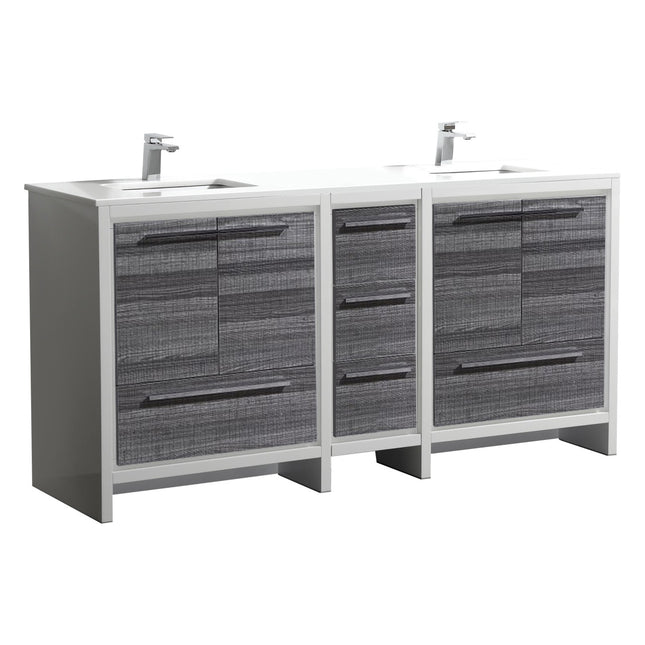 KubeBath Dolce 72″ Gloss Ash Gray Double Sink Modern Bathroom Vanity With Quartz Countertop Kube Bath