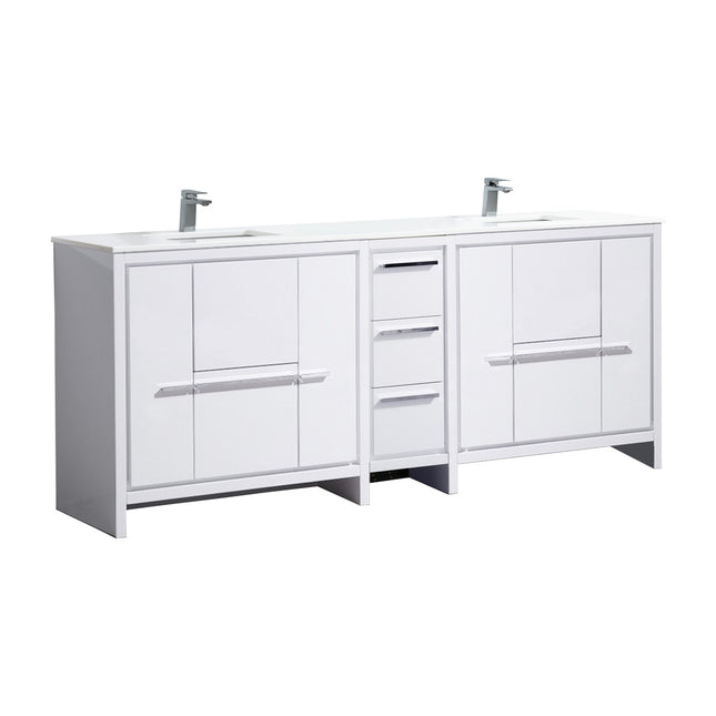 KubeBath Dolce 84″ Gloss White Double Sink Modern Bathroom Vanity With Quartz Countertop Kube Bath