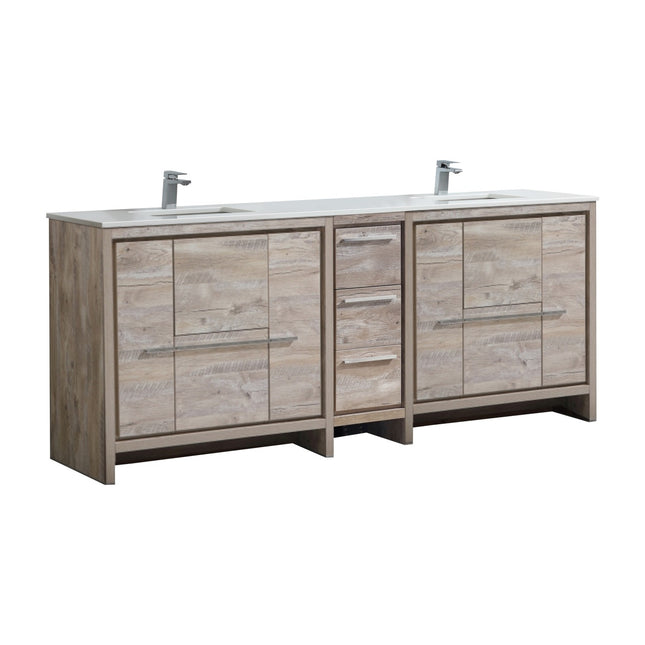 KubeBath Dolce 84″ Nature Wood Double Sink Modern Bathroom Vanity With Quartz Countertop Kube Bath