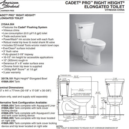 American Standard Cadet PRO Two-Piece 1.6 gpf/6.0 Lpf Chair Height Elongated Toilet Less Seat American Standard