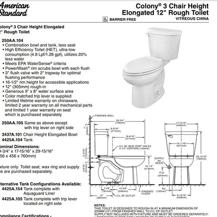 American Standard Colony 3 Two-Piece 1.28 gpf/4.8 Lpf Chair-Height Elongated Toilet Less Seat American Standard