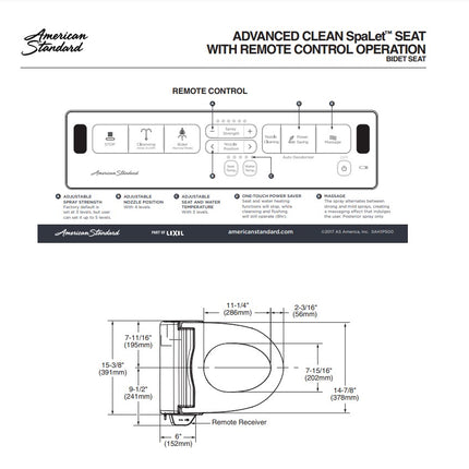 American Standard Advanced Clean 2.0 Electric SpaLet Bidet Seat With Remote Operation American Standard