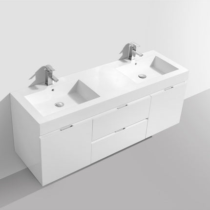 Kube Bath Bliss 60″ High Gloss White Wall Mount Double Sink Modern Bathroom Vanity Kube Bath