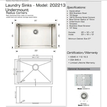 Bosco 202213 25 Inch Laundry Series Stainless Steel Sink - Plumbing Market