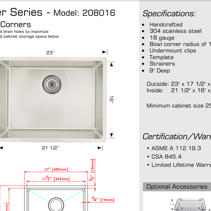 Bosco 208016 Builder Series Stainless Steel Kitchen Sink Bosco