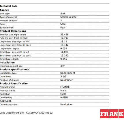 Franke Cube 31.49" x 17.71" Undermount 18G Double Stainless Steel Sink Franke