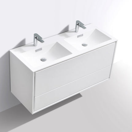 Kube Bath De Lusso 48″ Double Sink High Gloss White Wall Mount Modern Bathroom Vanity Kube Bath