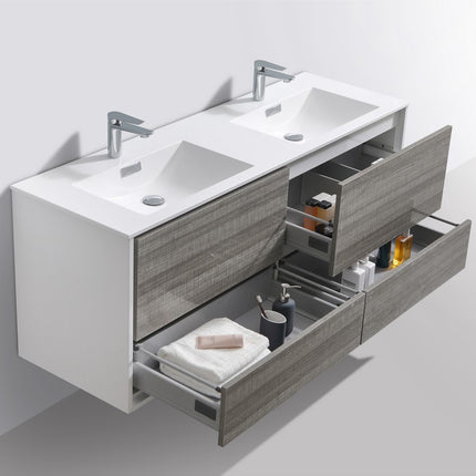 Kube Bath De Lusso 60″ Double Sink Ash Gray Wall Mount Modern Bathroom Vanity Kube Bath