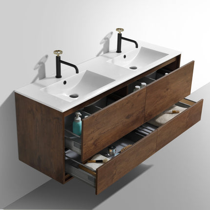 Kube Bath De Lusso 60″ Double Sink Rose Wood Wall Mount Modern Bathroom Vanity Kube Bath