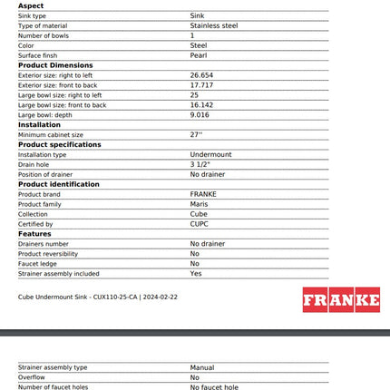 Franke Cube 26.65" X 17.71"  Bowl Undermount Kitchen Sink Stainless Steel Franke