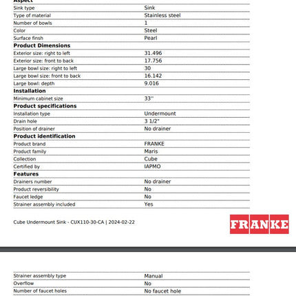 Franke Cube 31.49" x 17.75" Undermount 18g Single Stainless Steel Sink Franke