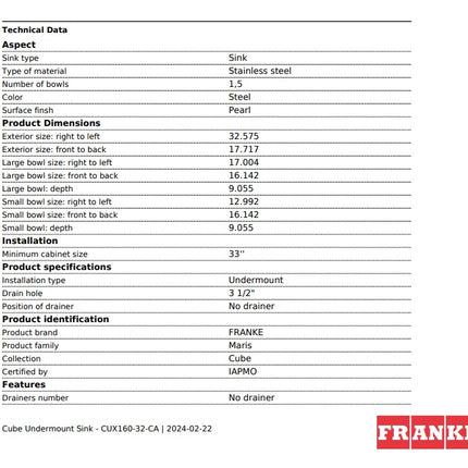 Franke Cube 32.57" x 17.71" Undermount 18G Double Stainless Steel Sink Franke