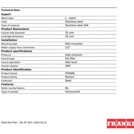 Franke 304 Two Handle Stainless Steel Wall Mounted Pot Filler Franke