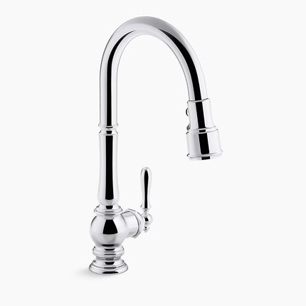 Kohler Artifacts Pull-down kitchen sink faucet with three-function sprayhead K-99259-CP - Plumbing Market