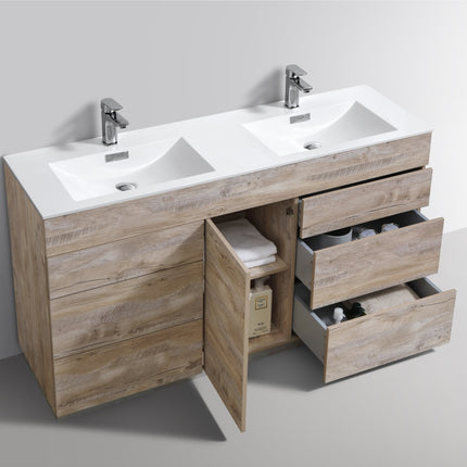 Kube Bath Milano 60″ Double Sink Nature Wood Floor Mount Modern Bathroom Vanity Kube Bath