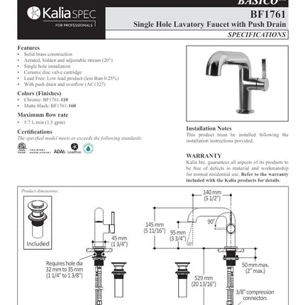 Kalia Basico Single Hole Bathroom Faucet With Pop Up Drain - Plumbing Market