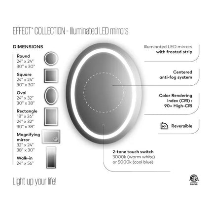 Kalia EFFECT 24 Inch Oval LED Mirror With Interior Frosted Strip - Plumbing Market