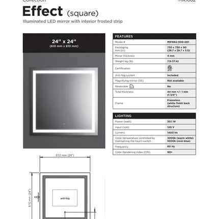 Kalia EFFECT 24 Inch Square LED Mirror With Interior Frosted Strip - Plumbing Market