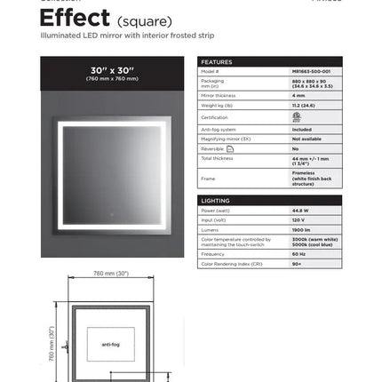 Kalia EFFECT 30 Inch Square LED Mirror With Interior Frosted Strip - Plumbing Market